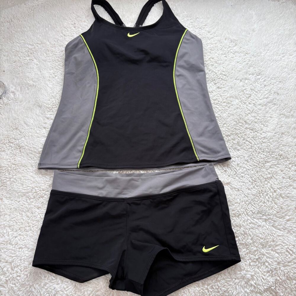 Nike Women Black Racerback 2-Piece Tankini Swimsuit Set Sz L Summer Resort Sport